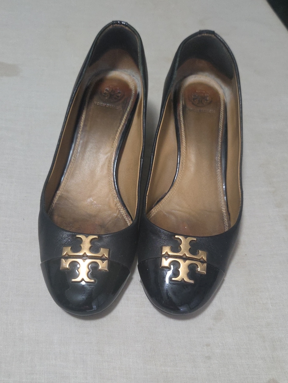 Tory Burch Black Leather Logo Cap-Toe Flats with Gold Hardware